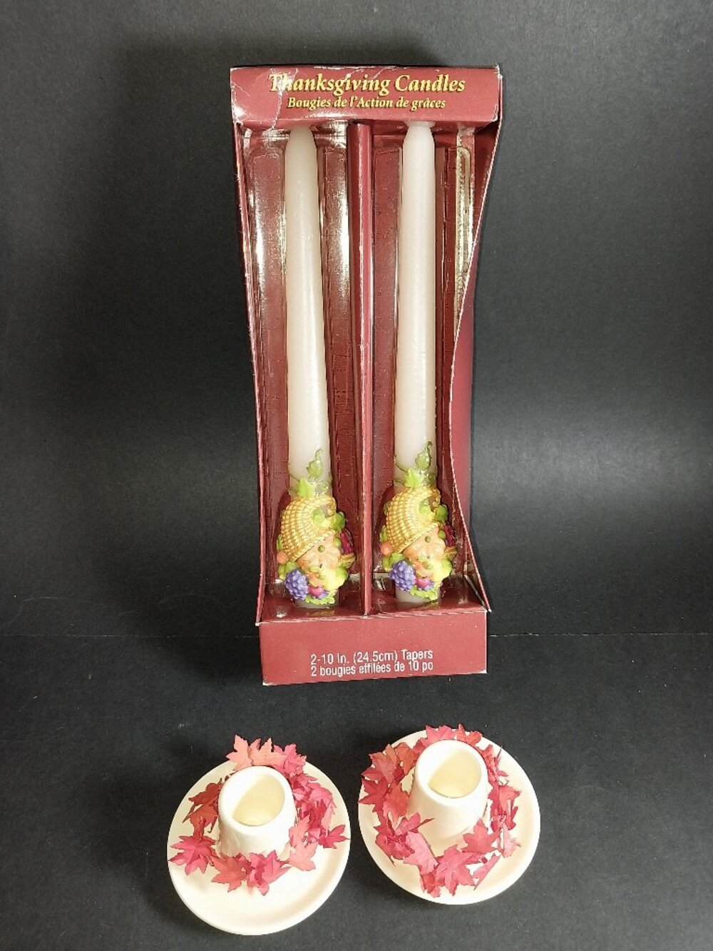 Vintage Set of 2 Thanksgiving Taper Candles with Ceramic Holders